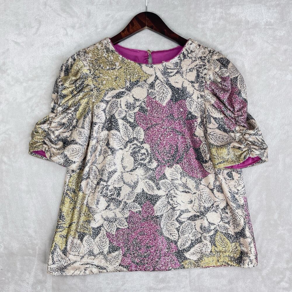 Anthropologie Marie Floral Sequin Top Pink Size 2 Puff Slve Night Luxe Coquette - Picture 2 of 14